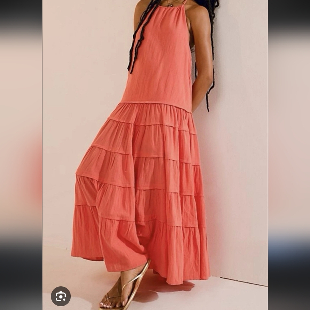 Free People Somewhere Sunny Drop Ruffle Watermelon Waist Halter Maxi Dress S,xs - Picture 4 of 9